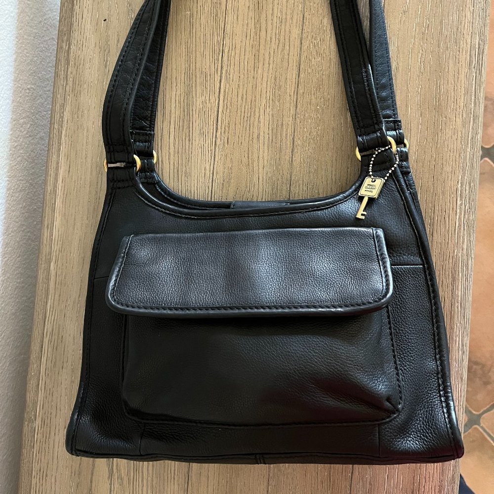 Fossil Vintage 1954 Black Pebble Leather Shoulder Bag Purse Style 75082